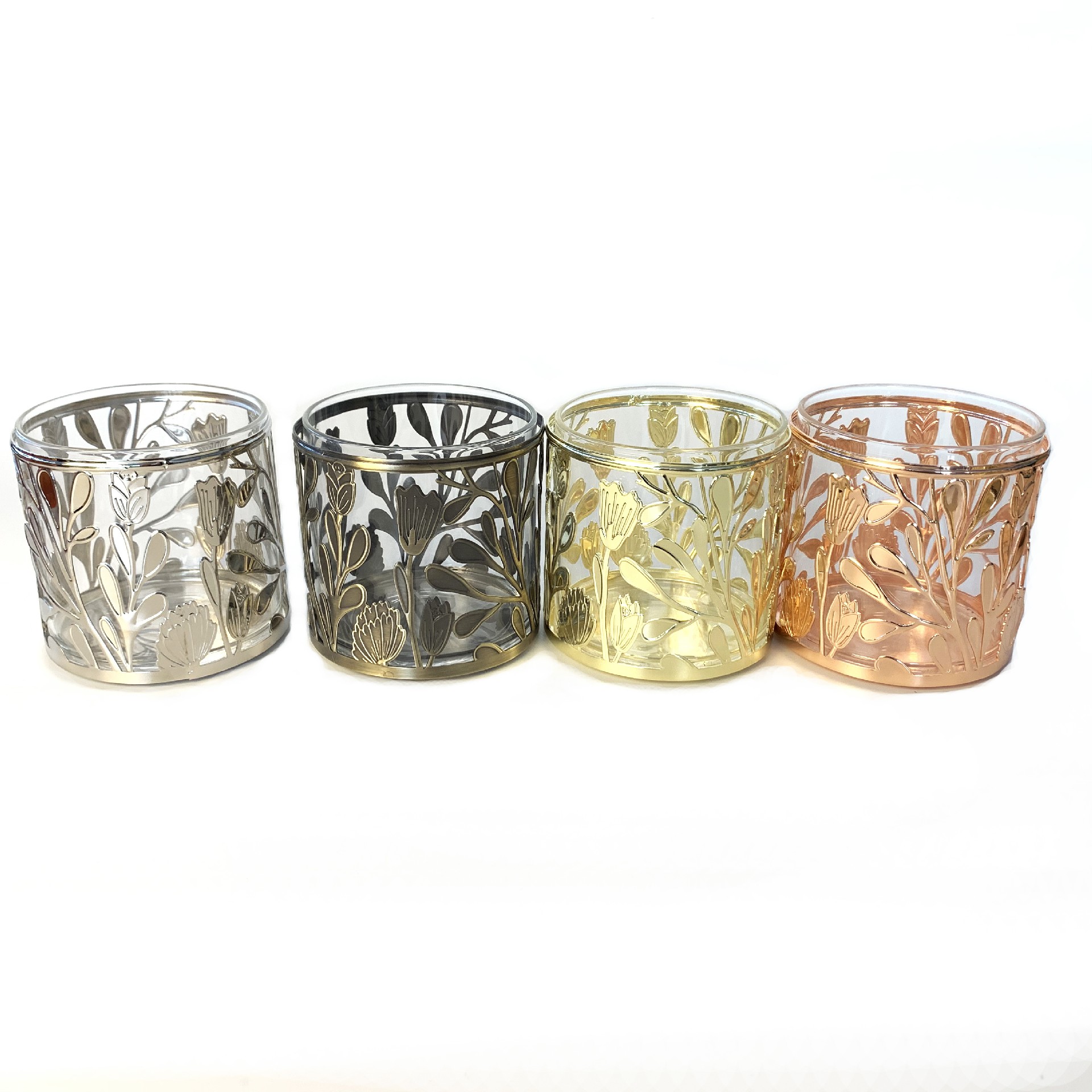 Scented glass candle jar with leaf pattern metal glass sleeve