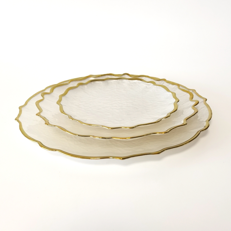 Hand made glass dinner charger plate with gold rim