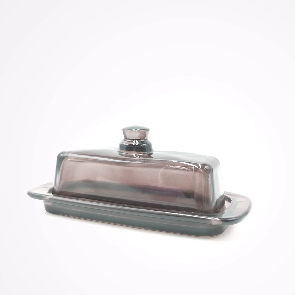 Grey Glass Butter Dish With Cover Lid