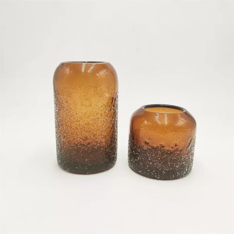 Hand blown craft Amber Colored Glass Candle Holder With Decor in 2 sizes