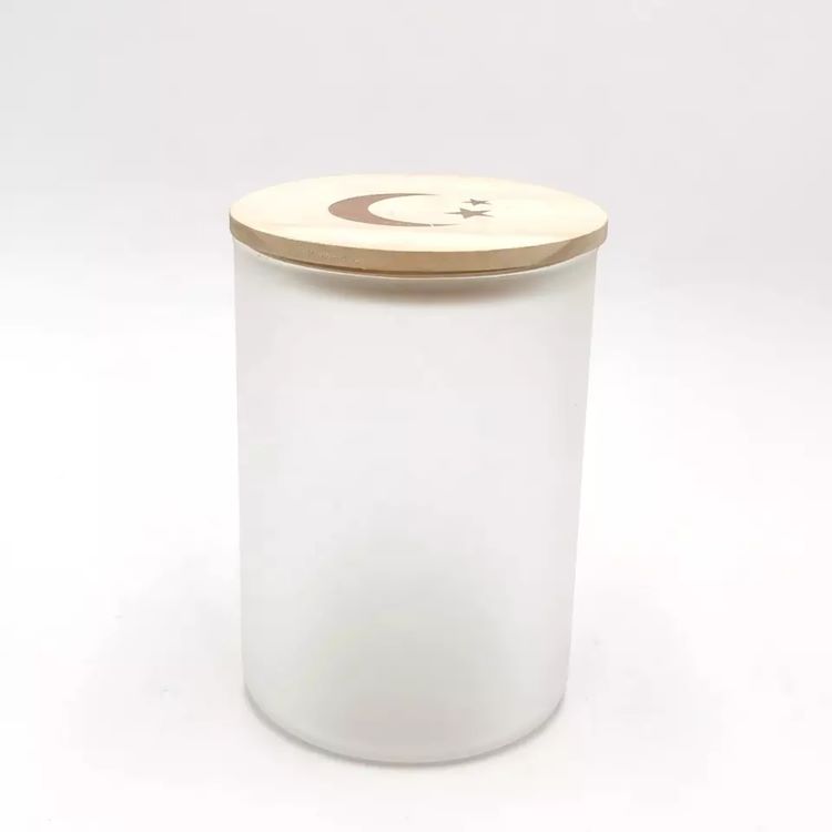 Frost White Glass Storage Candle Jar With Engraved Wooden Lid Container For Votive Candle Making