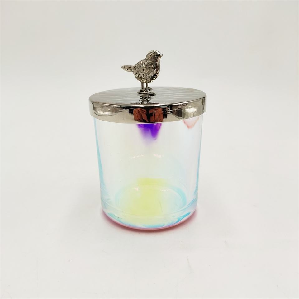 Fancy Iridescent Glass Candle Jar With Metal Bird Lid