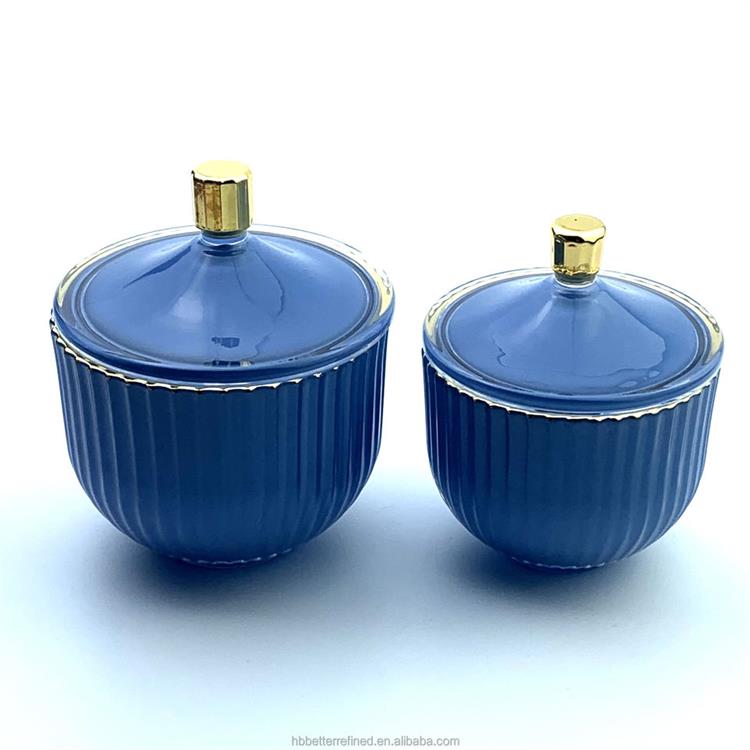 Indigo blue heat gold decor resistance ribbed Candle Glass Jar 7oz 11oz wax cup candle holder soy container