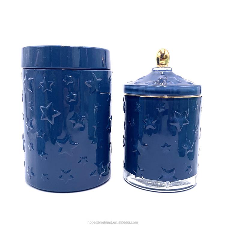 Unique blue star empty food storage Decorative Multipurpose Antique Design Glass Candy Jar with Lids GEO Cut Glass Candle Jar