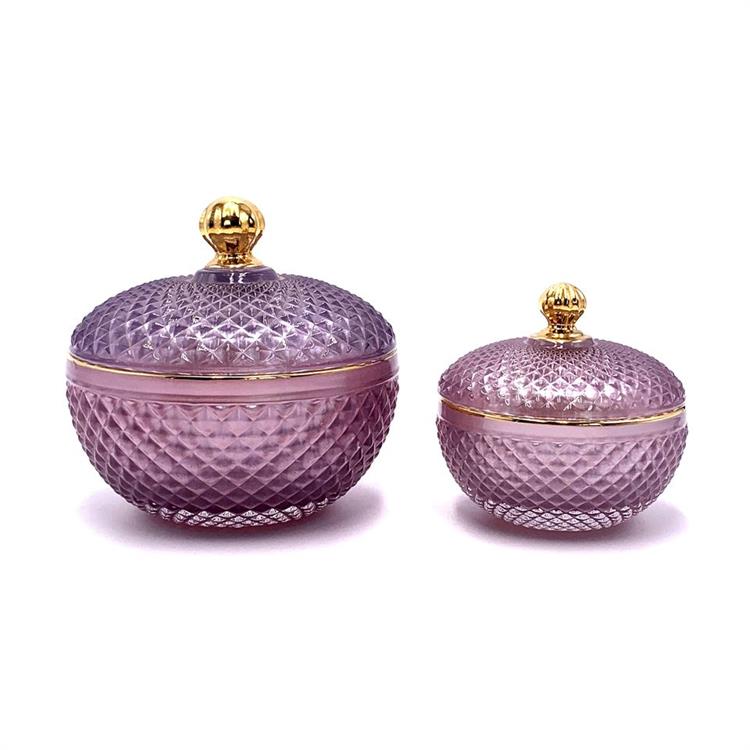 Purple girl Luxury Gold Silvery geo cut circle wax cup 4oz 12oz Glass Jar For Candy Colorful Glass empty Candle Jar With Lid 8oz