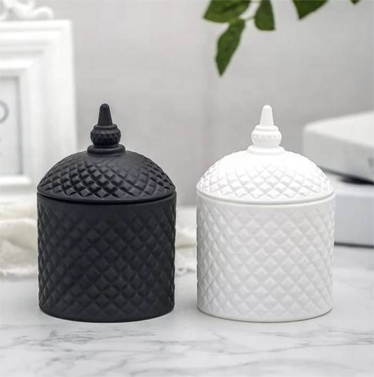 Matte Black And White Diamond Geo Cut Glass Candle Jar