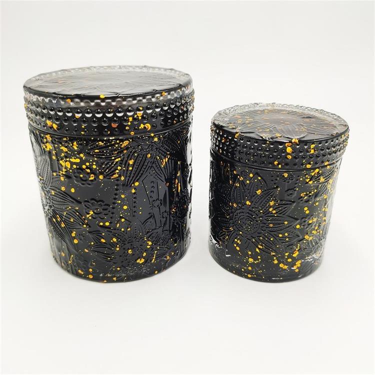 Lotus pattern black color gold spots glass candle jar