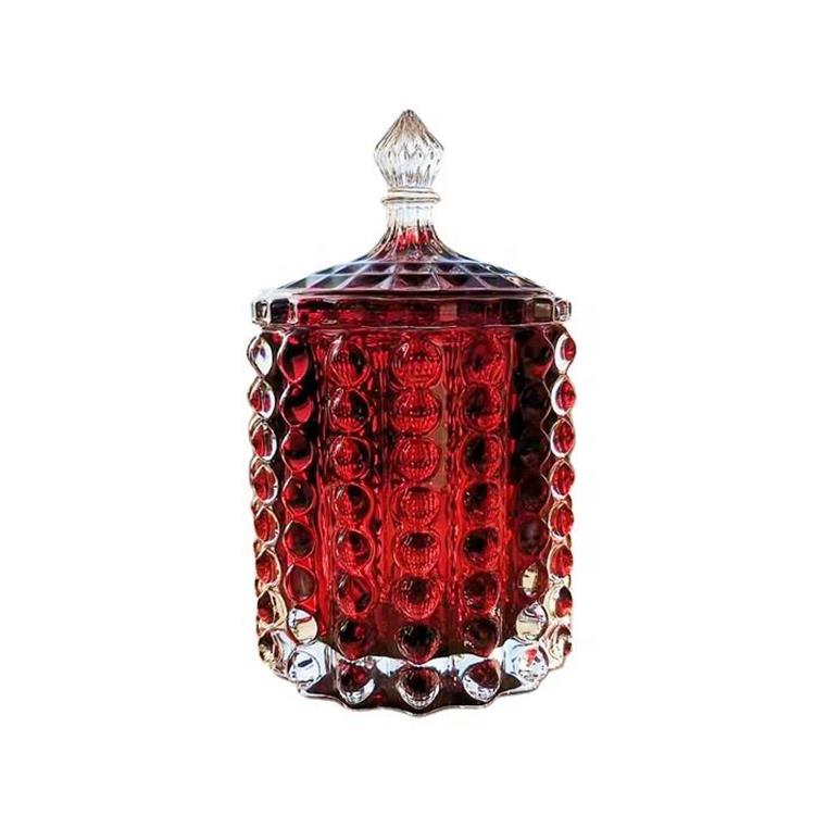 Red Unique Beaded Crystal Glass Candle Jar with Glass Lid