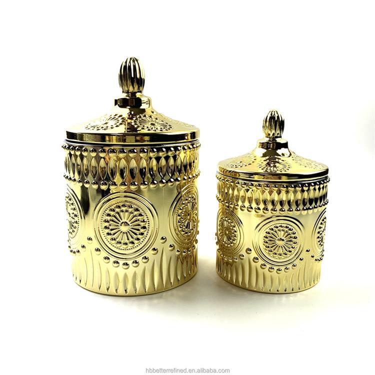 Unique Decorative luxury gold electro plating metallic colored Glass Candy Jar with Lids