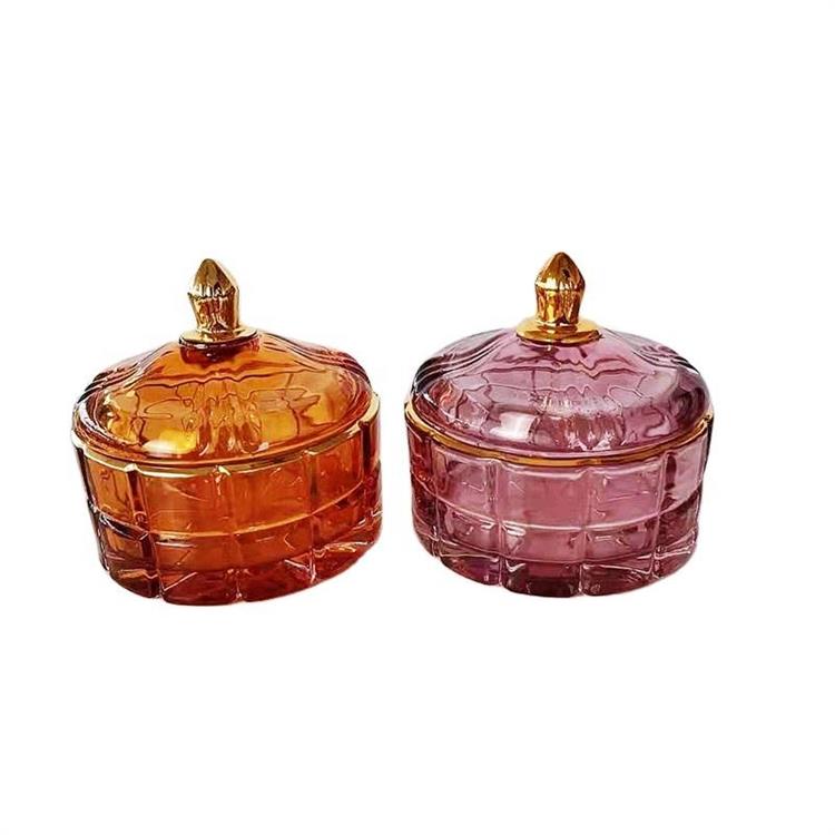 Geo Cut Colored Glass Candy Jar Transparent Crystal Glass Candle Jar with Lid