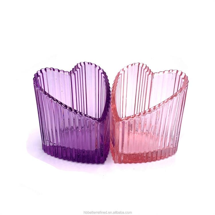 Glass heart ribbed pink valentine day shaped jar for candle making