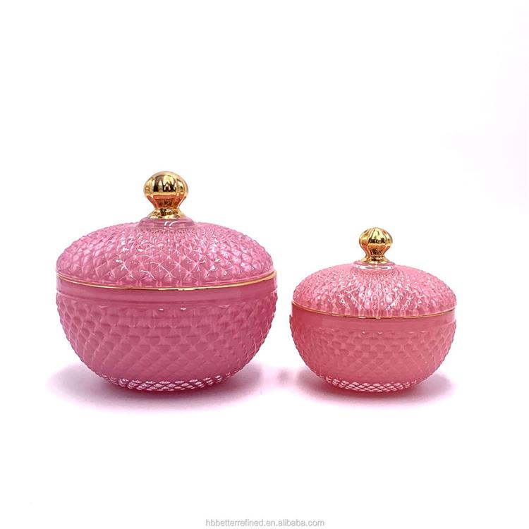 Glass geo cut pink empty round citrine jar for candle making with glass lid crystal glass candy jar with lid