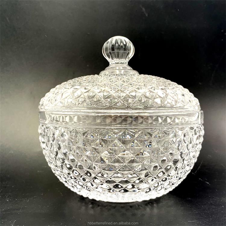 Glass geo cut transparent round citrine jar for candle making with glass lid crystal glass candy jar with lid