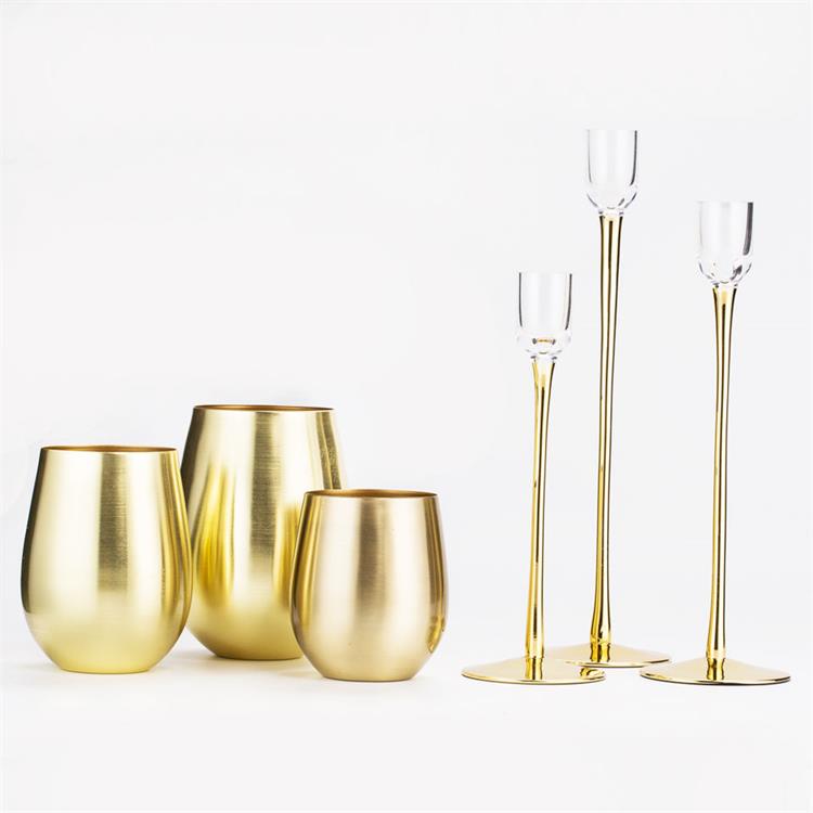 Stemless wine glass shaped metal candle jar gold silver color metal candle holder