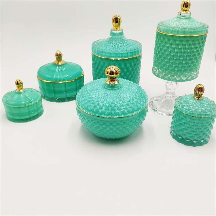 Aquamarine series high quality crystal glass candle jars gold rim and knob candle holder with lid