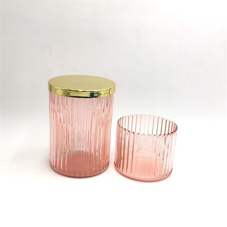 Rose Ribbed Art Glass Cookie Jar With Gold Metal Lid