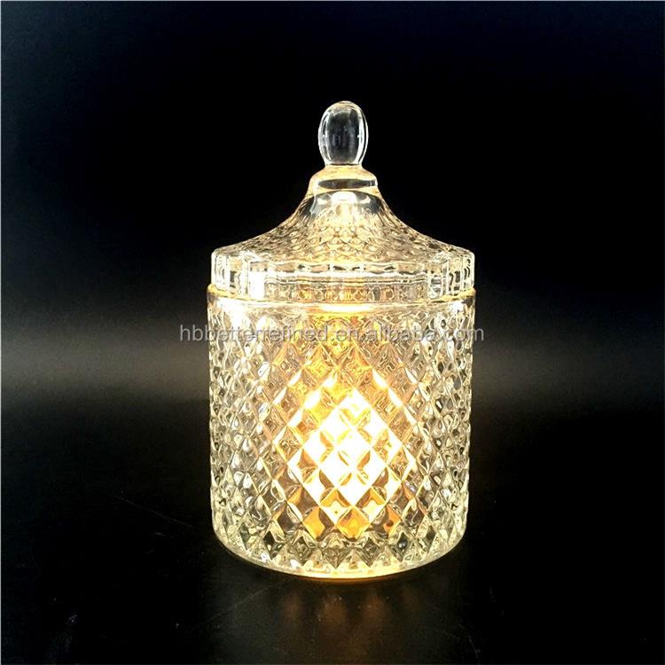 Glass geo cut luxury clear citrine jar for candle making with glass lid crystal glass candy jar with lid wax container