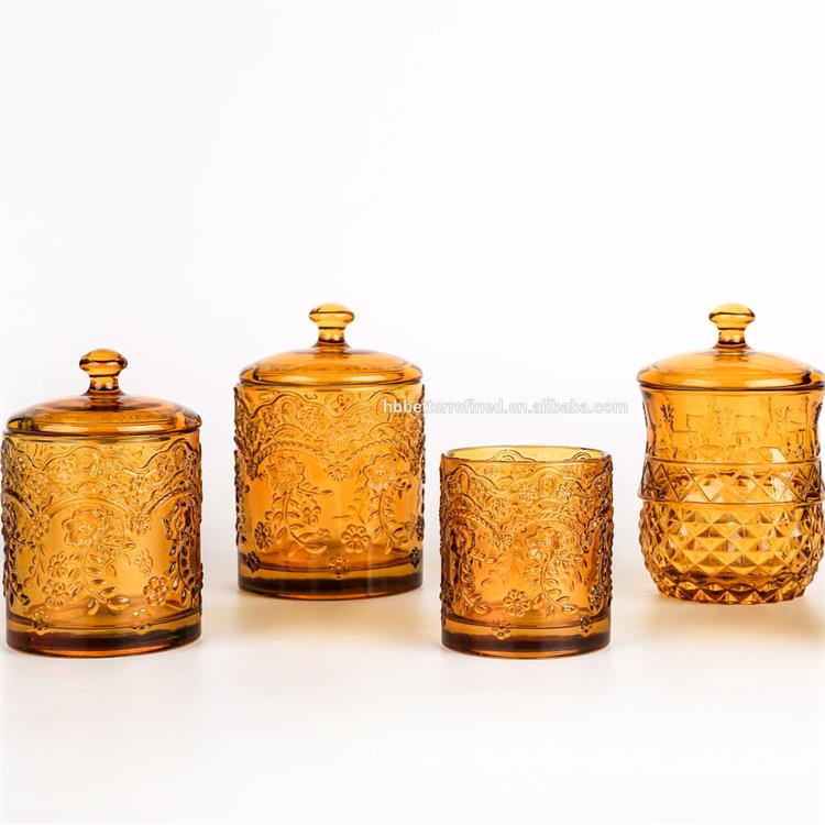 Wholesale orange series glass candle jar with lid hand made glass candy jar