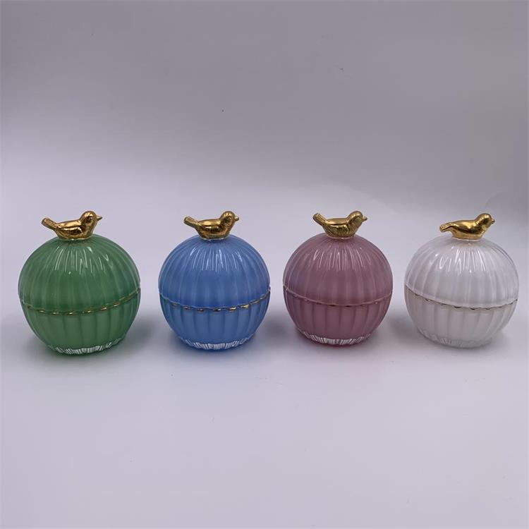 Wholesale round with bird spraying white green blue and pink glass candle jar with lid wax cup glass candy jar