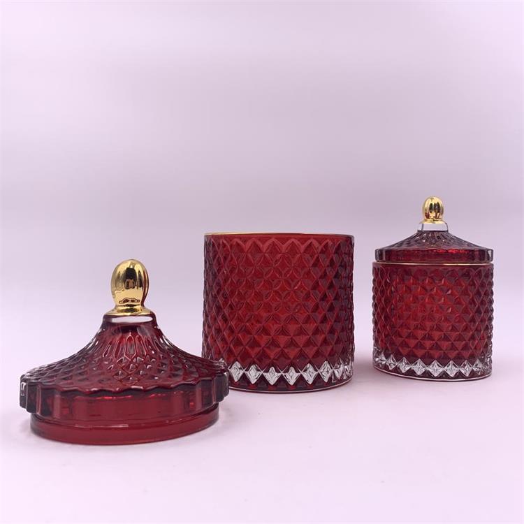Small glass diamond red shaped jar for candle making with glass lid crystal glass candy jar with lid