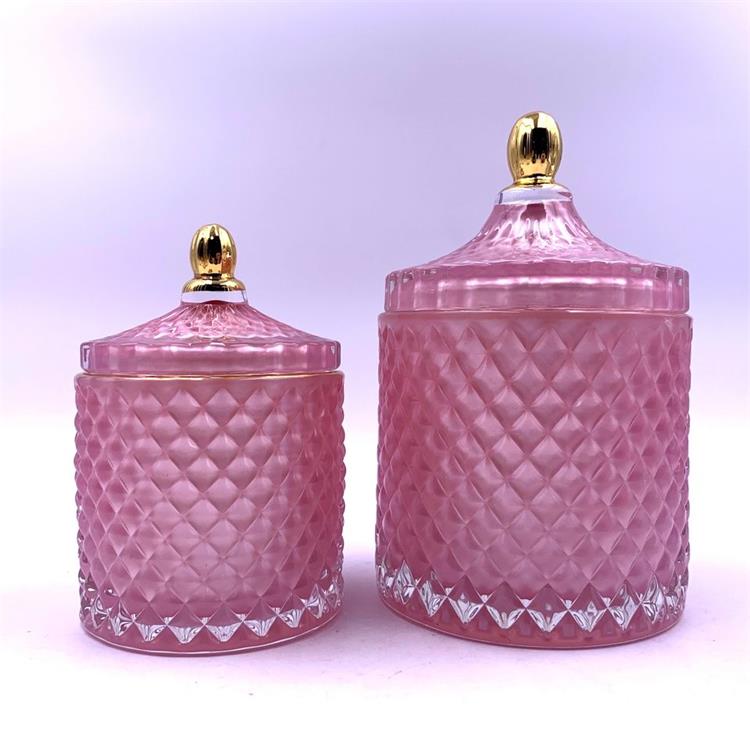 Glass diamond geo cut light pink jar for candle making with glass lid crystal glass candy jar with lid wax container