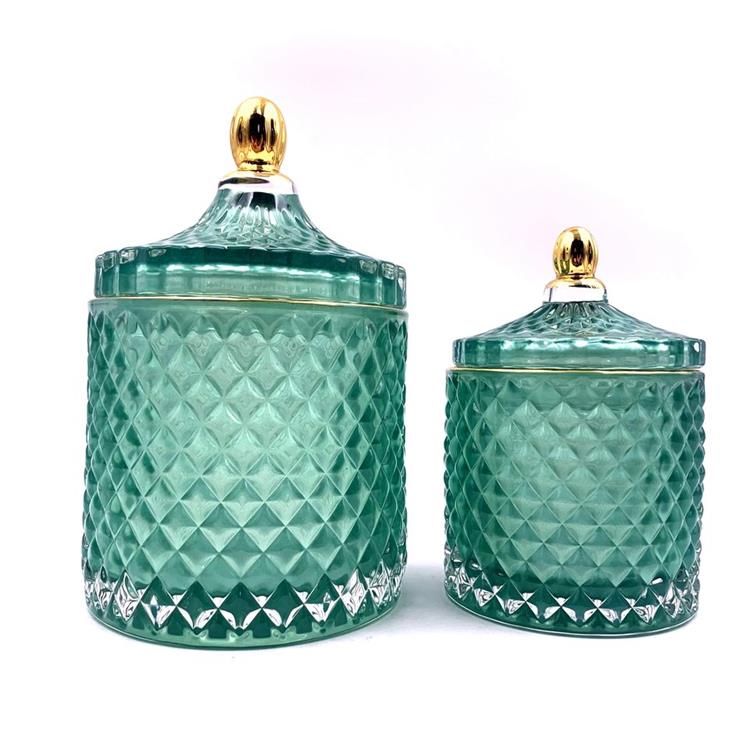 Glass geo cut malachite green jar for candle making with glass lid turquoise crystal glass candy jar with lid wax container