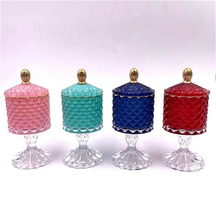 Small glass diamond shaped GEO cut empty jar with base for candle making with glass lid crystal glass candy jar with lid